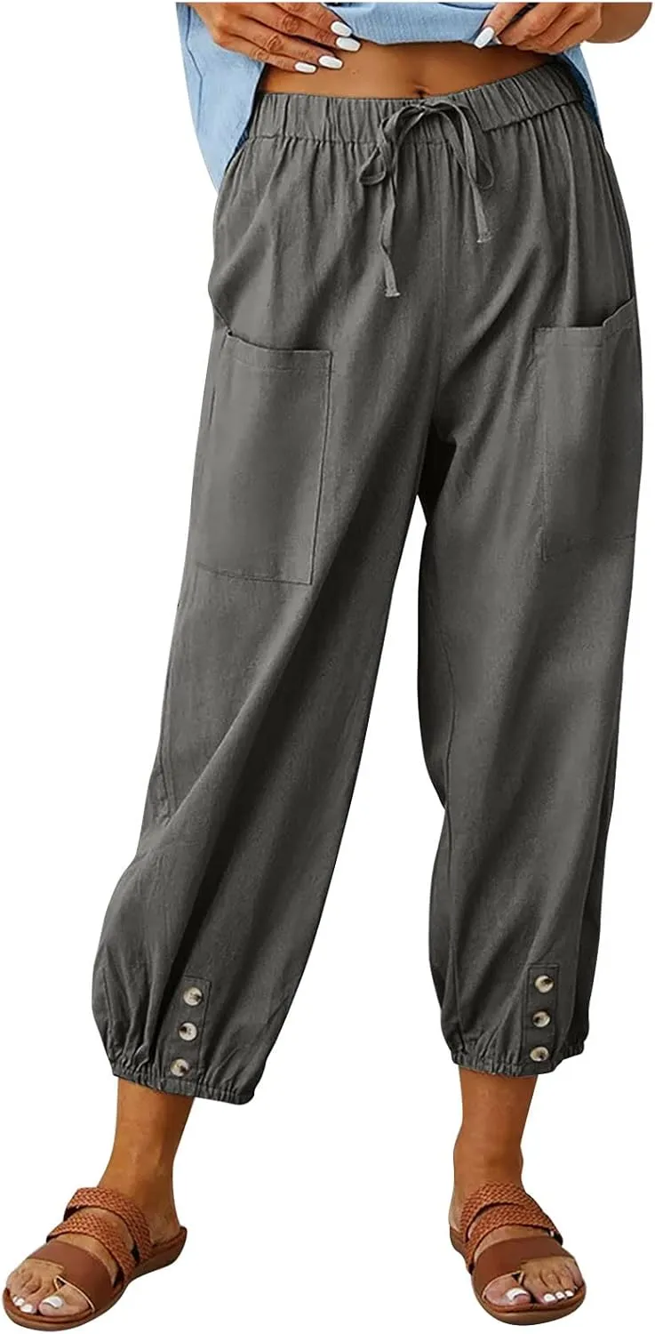 Womens Cotton Linen Pants Drawstring Jogger Pant Summer Loose Beach Trousers with Pockets Vacation Travel Clothes