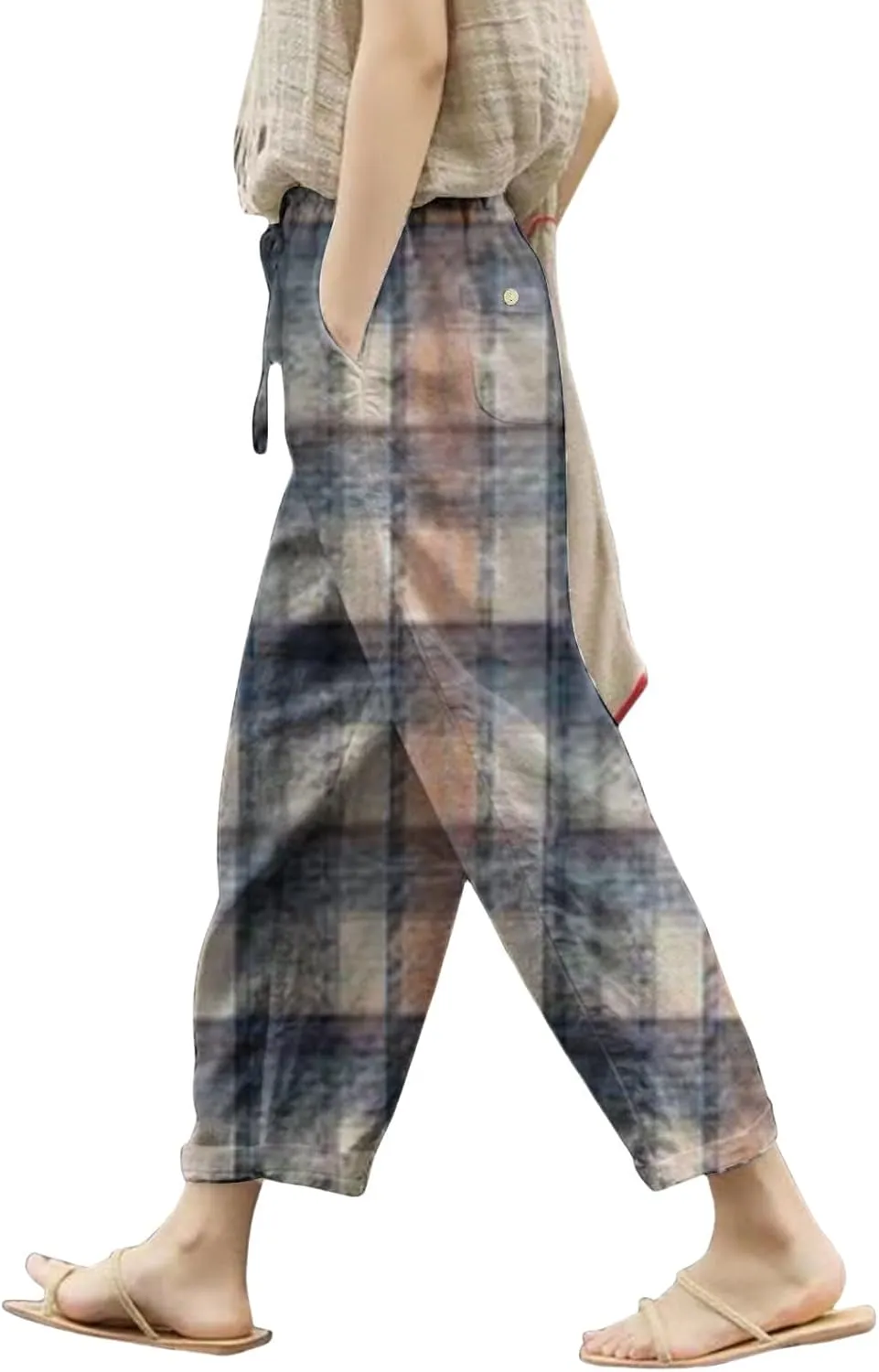 Women's Cotton Linen Pants Summer Casual Loose Boho Floral Elastic High Waisted Wide Leg Beach Trousers with Pockets