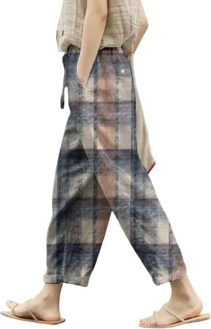 Women's Cotton Linen Pants Summer Casual Loose Boho Floral Elastic High Waisted Wide Leg Beach Trousers with Pockets