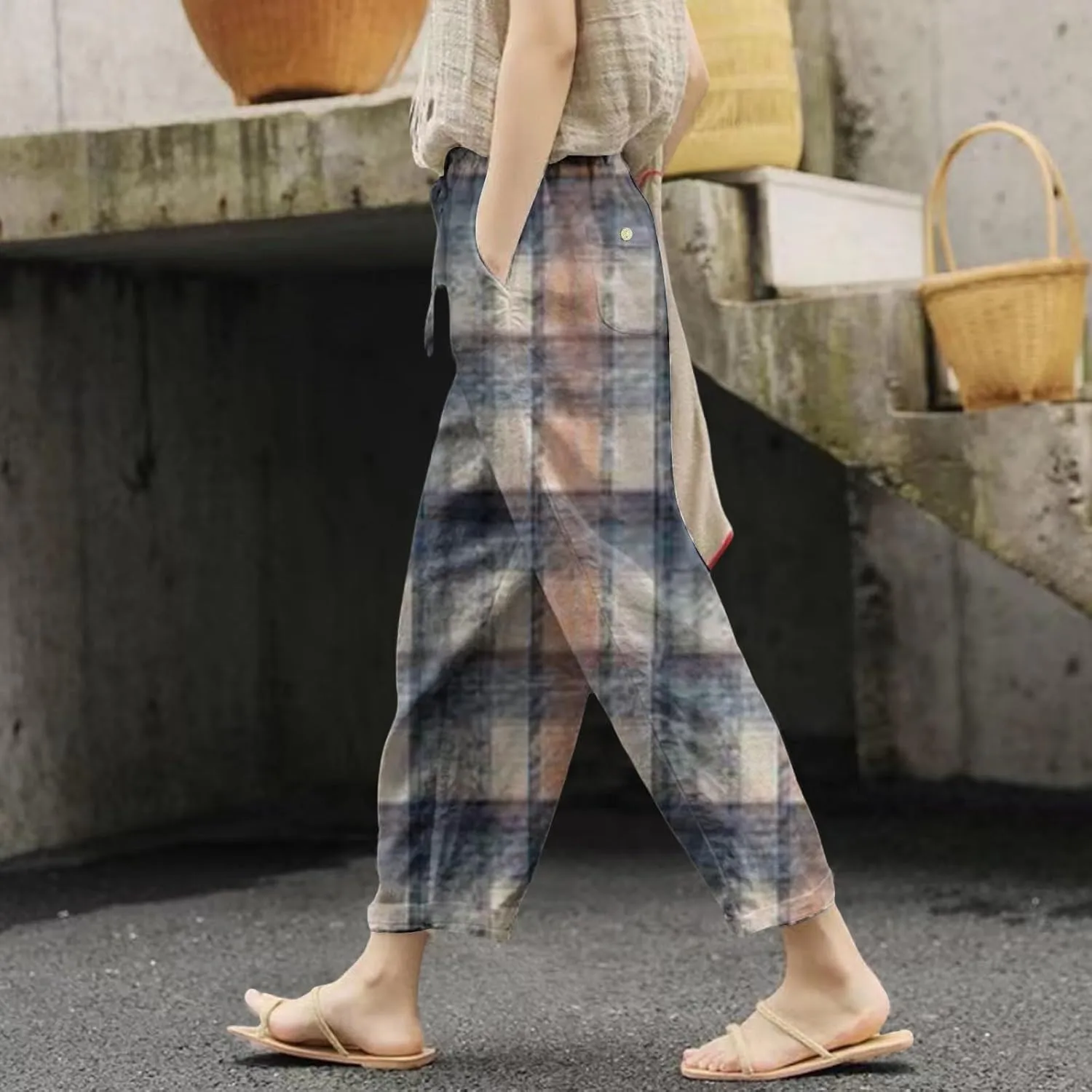 Women's Cotton Linen Pants Summer Casual Loose Boho Floral Elastic High Waisted Wide Leg Beach Trousers with Pockets