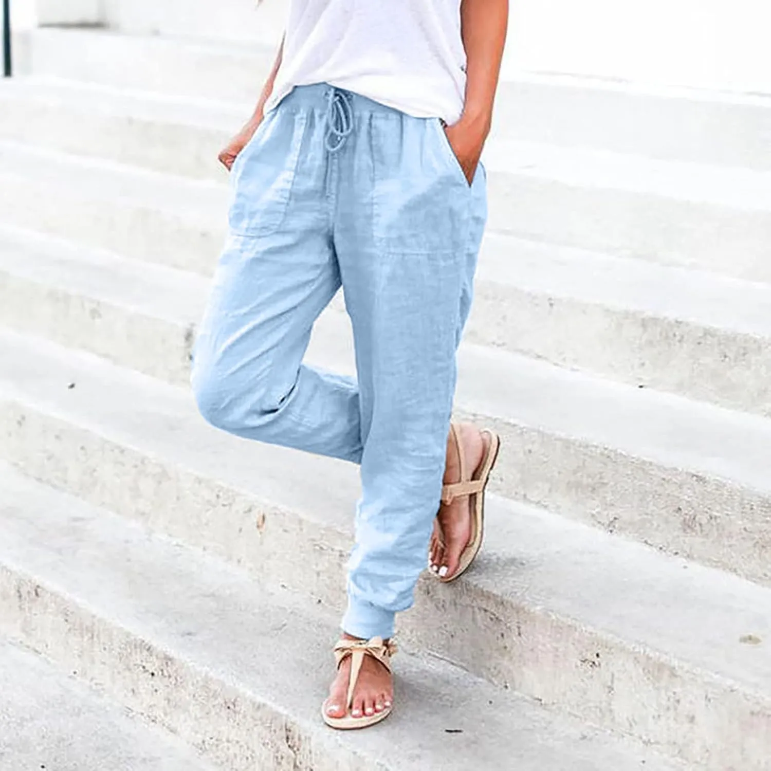 Women's Cotton Linen Pants Summer Lightweight Drawstring Lounge Pants Cinch Bottom Baggy Casual Trousers with Pockets