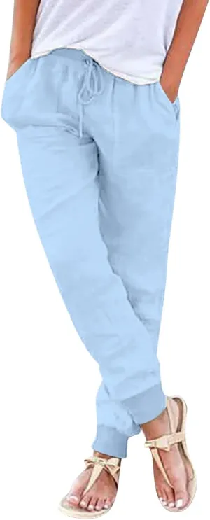 Women's Cotton Linen Pants Summer Lightweight Drawstring Lounge Pants Cinch Bottom Baggy Casual Trousers with Pockets