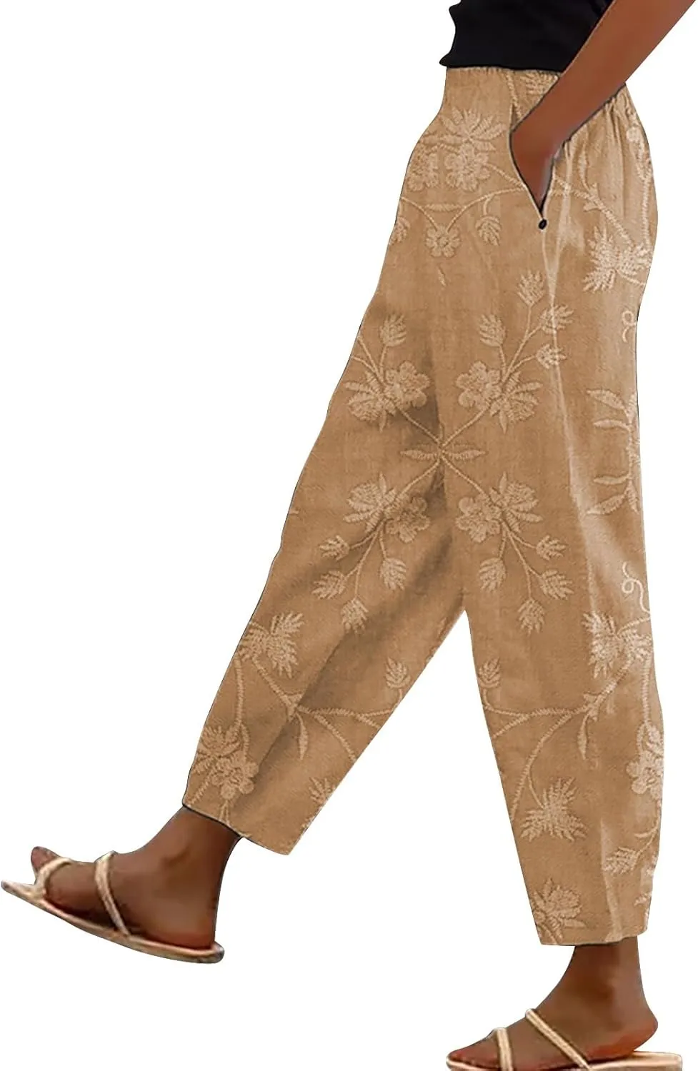 Womens Cotton Linen Pants Vintage Floral Print Wide Leg Cropped Trousers Summer Beach Casual Capri Pant with Pockets