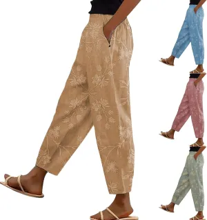 Womens Cotton Linen Pants Vintage Floral Print Wide Leg Cropped Trousers Summer Beach Casual Capri Pant with Pockets