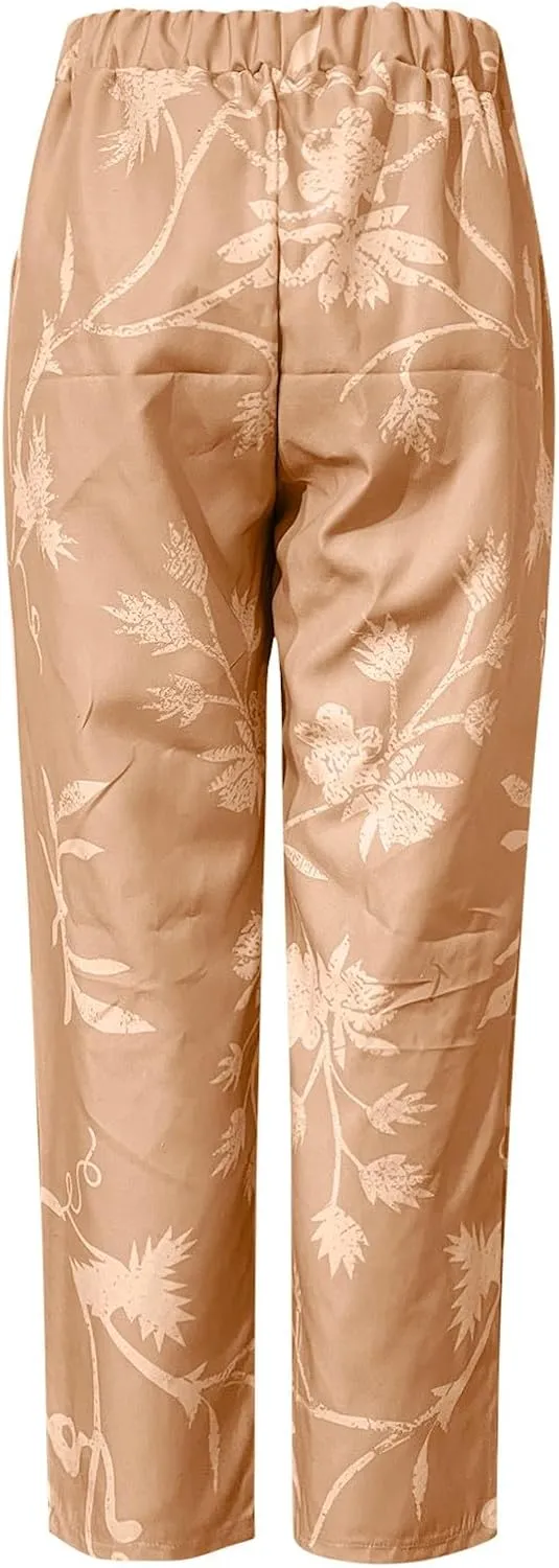 Womens Cotton Linen Pants Vintage Floral Print Wide Leg Cropped Trousers Summer Beach Casual Capri Pant with Pockets