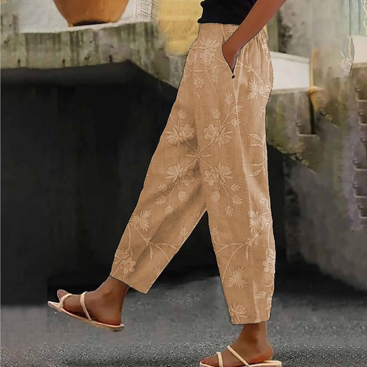 Womens Cotton Linen Pants Vintage Floral Print Wide Leg Cropped Trousers Summer Beach Casual Capri Pant with Pockets