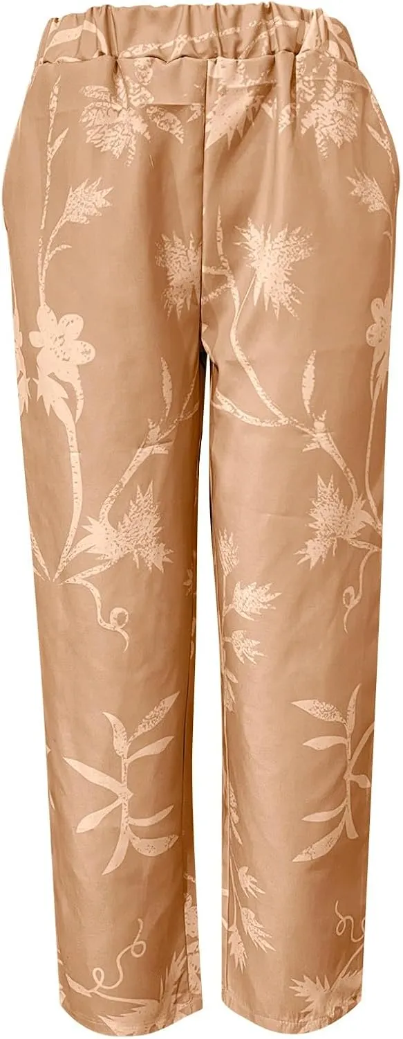 Womens Cotton Linen Pants Vintage Floral Print Wide Leg Cropped Trousers Summer Beach Casual Capri Pant with Pockets
