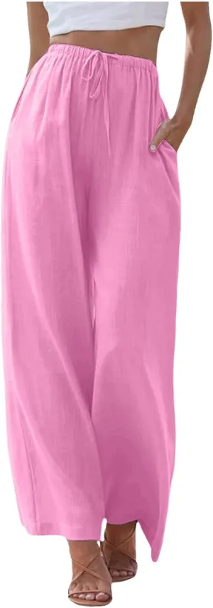 Women's Cotton Linen Summer Palazzo Pants Flowy Wide Leg Linen Pants Vacation Beach Trousers with Pockets