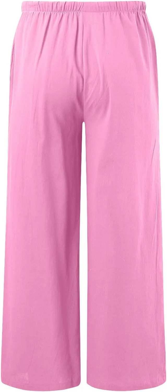 Women's Cotton Linen Summer Palazzo Pants Flowy Wide Leg Linen Pants Vacation Beach Trousers with Pockets