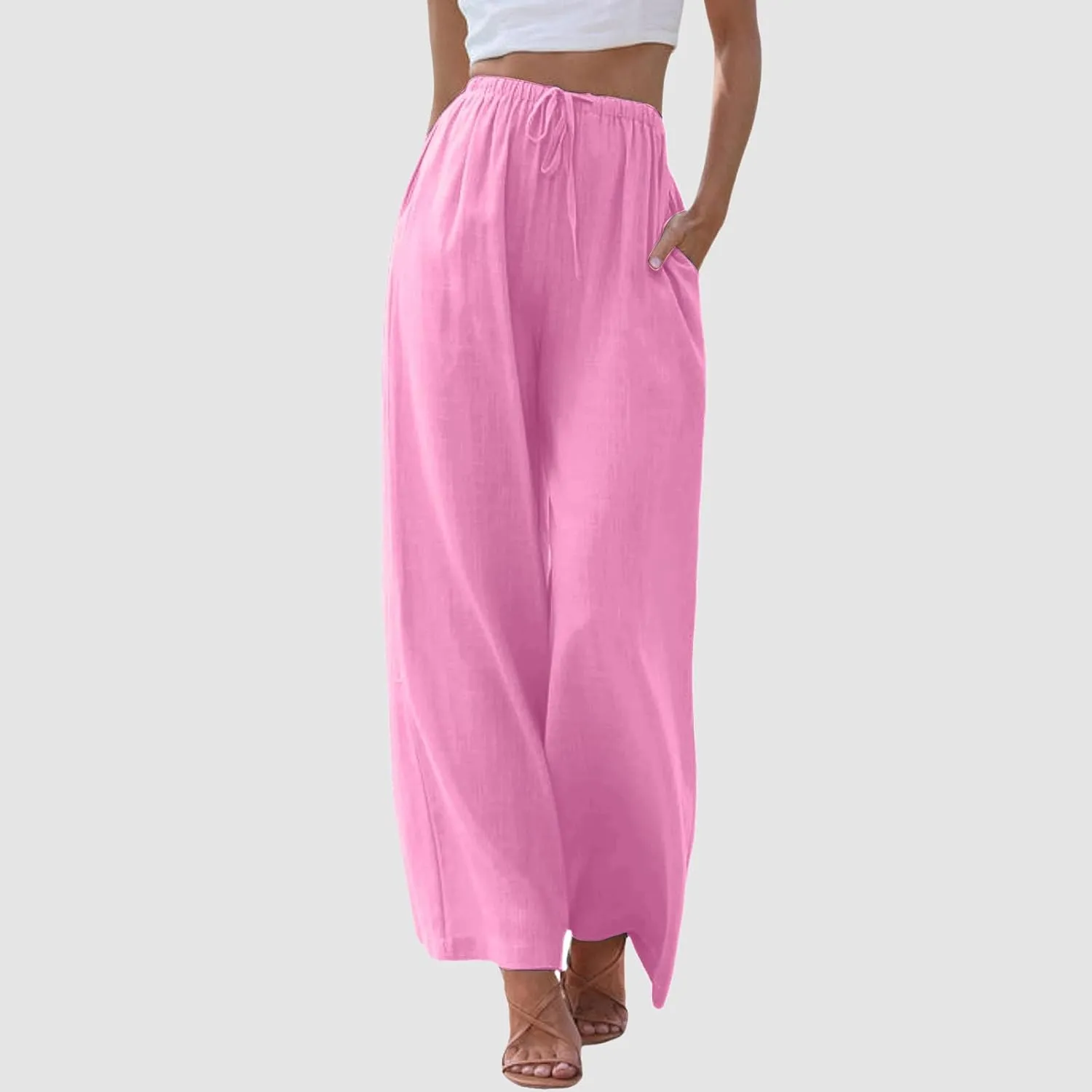 Women's Cotton Linen Summer Palazzo Pants Flowy Wide Leg Linen Pants Vacation Beach Trousers with Pockets