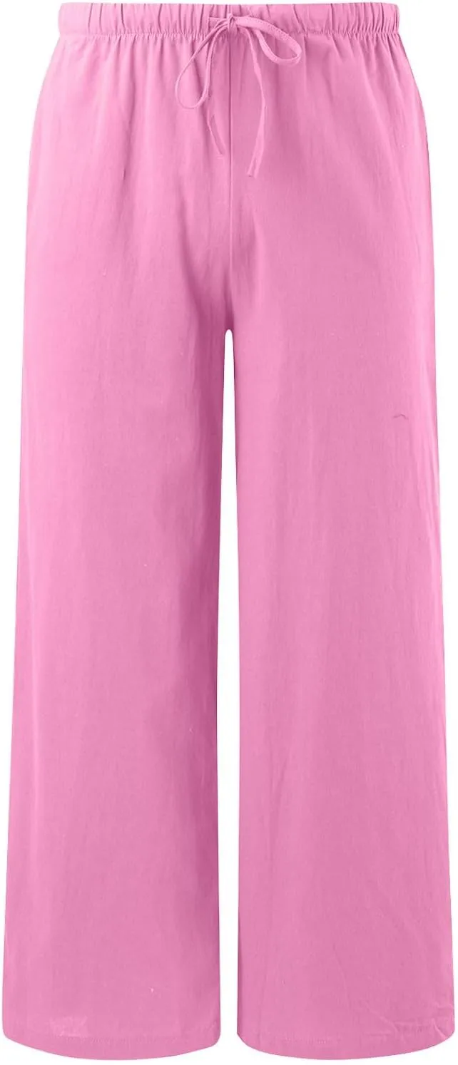 Women's Cotton Linen Summer Palazzo Pants Flowy Wide Leg Linen Pants Vacation Beach Trousers with Pockets