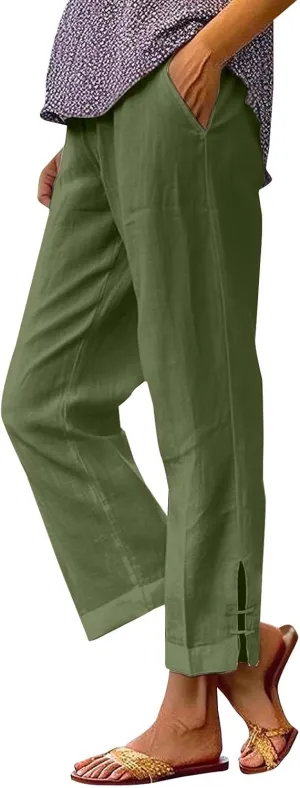 Women's Cotton Linen Summer Palazzo Pants Summer Drawstring Cotton and Linen Split High Waist Comfy White Gauze