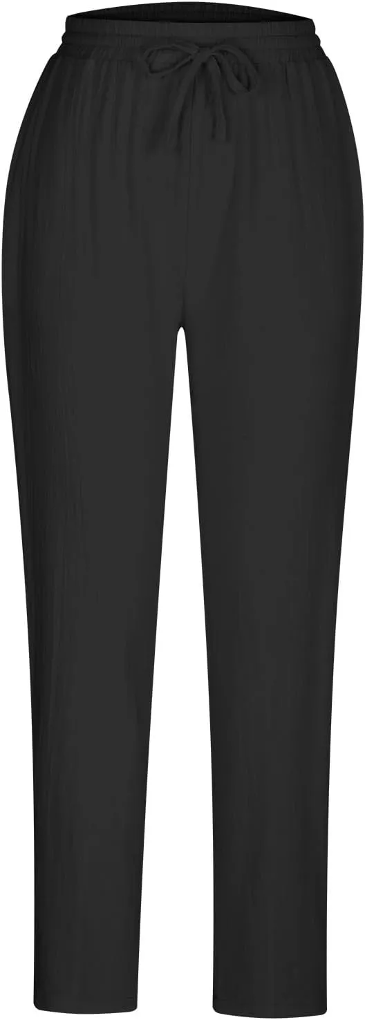Women's Cotton Linen Tapered Pants Fashion Drawstring Elastic Waist Trousers Beach Casual Pant Vacation Travel Outfit