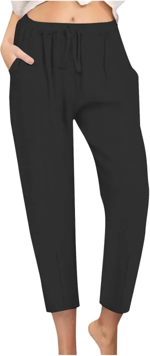 Women's Cotton Linen Tapered Pants Fashion Drawstring Elastic Waist Trousers Beach Casual Pant Vacation Travel Outfit