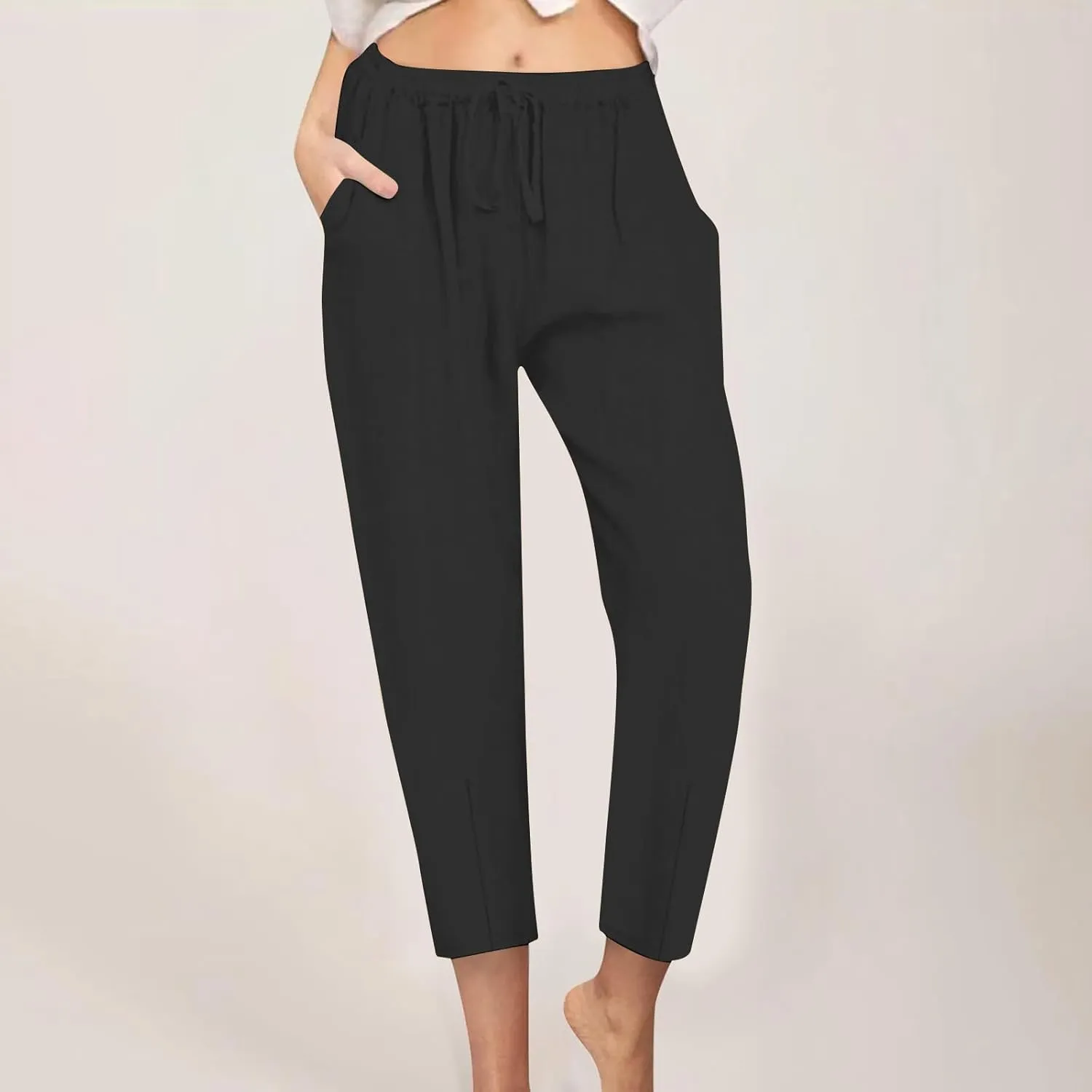 Women's Cotton Linen Tapered Pants Fashion Drawstring Elastic Waist Trousers Beach Casual Pant Vacation Travel Outfit