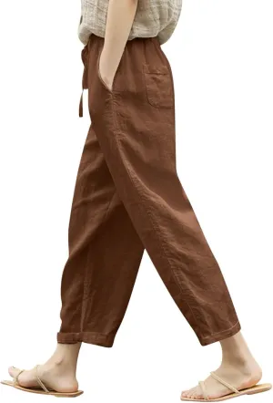 Womens Cropped Cotton Linen Pants Loose Fit Casual Summer Pants Elastic Waist Palazzo Straight Leg Beach Trousers