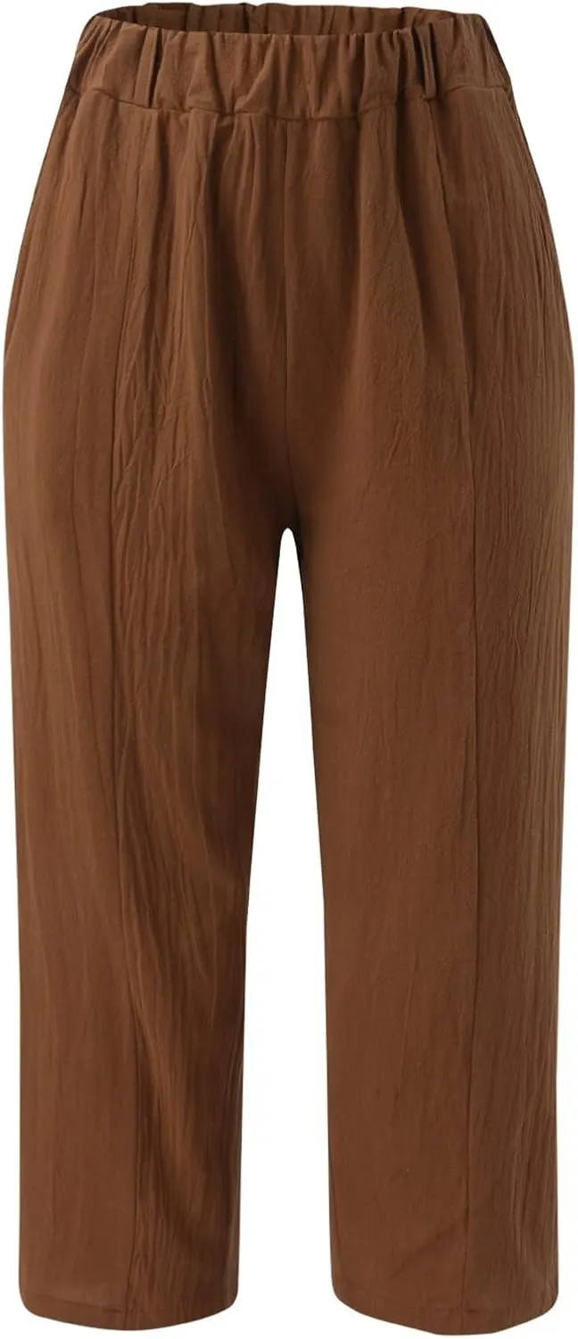 Womens Cropped Cotton Linen Pants Loose Fit Casual Summer Pants Elastic Waist Palazzo Straight Leg Beach Trousers
