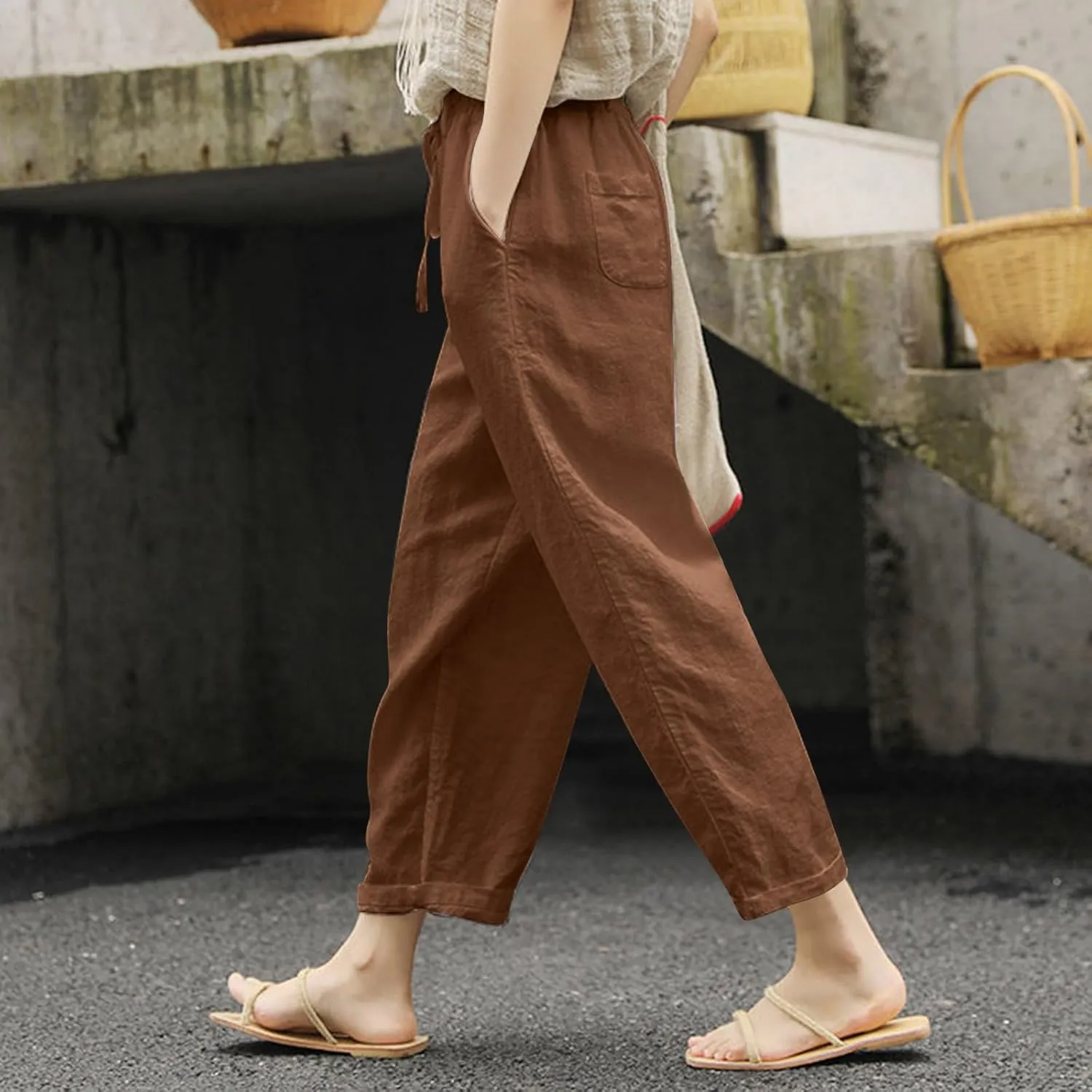 Womens Cropped Cotton Linen Pants Loose Fit Casual Summer Pants Elastic Waist Palazzo Straight Leg Beach Trousers