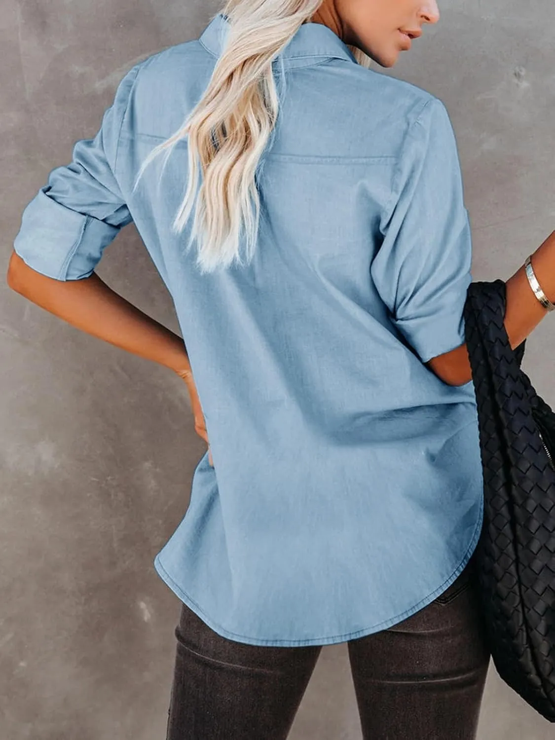 Women's Denim Button Down Shirt with Pockets Chambray Cotton Button Up Tunics Long Sleeve Solid High Low Blouse Tops