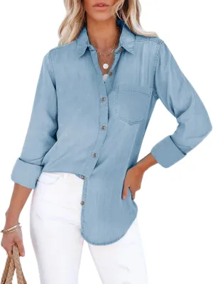 Women's Denim Button Down Shirt with Pockets Chambray Cotton Button Up Tunics Long Sleeve Solid High Low Blouse Tops