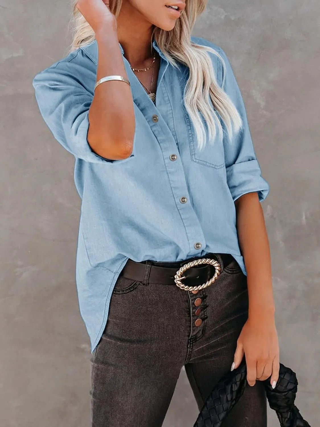 Women's Denim Button Down Shirt with Pockets Chambray Cotton Button Up Tunics Long Sleeve Solid High Low Blouse Tops