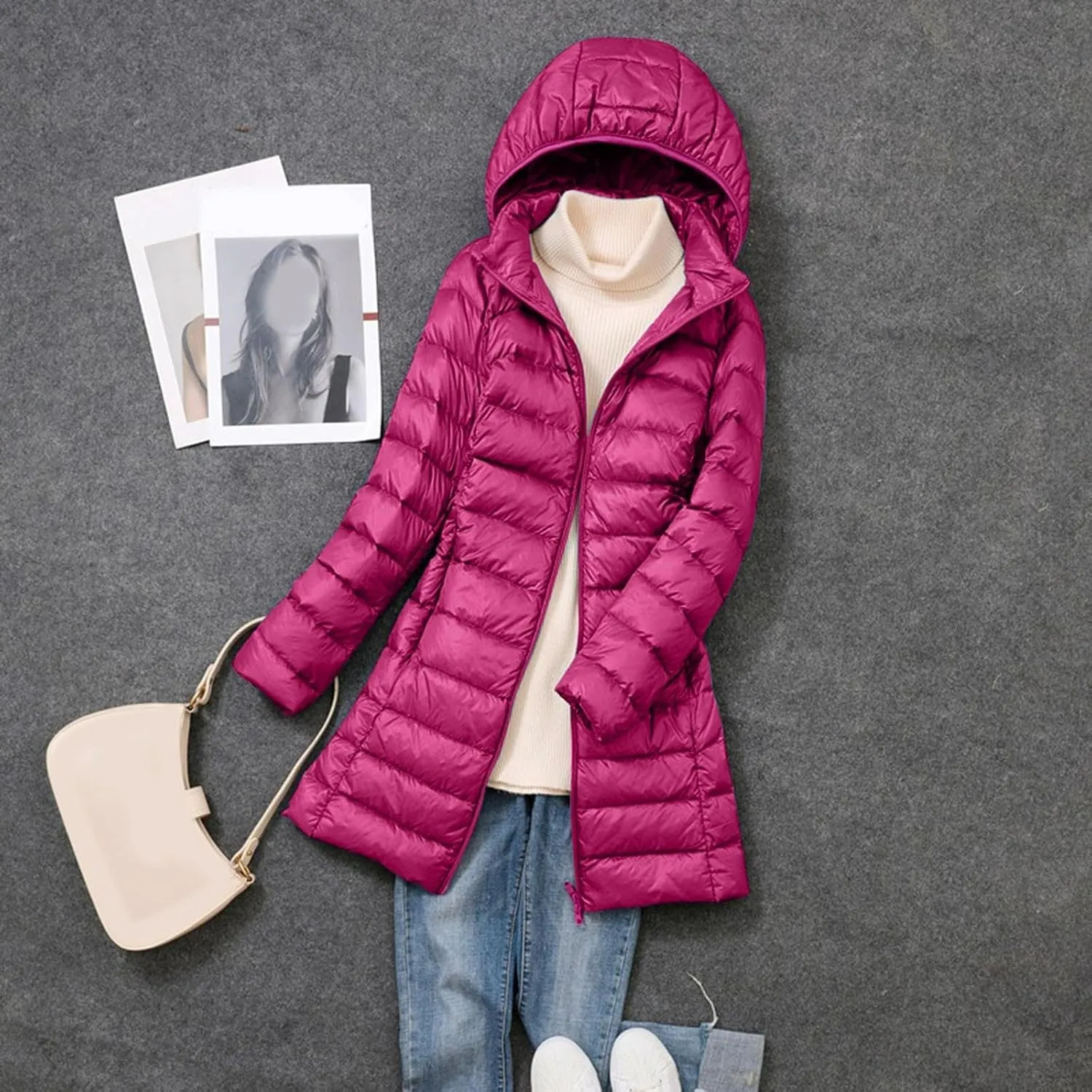 Women's Down Jacket Hooded Windproof Puffer Coat Packable Warm Winter Jacket Lightweight Ladies Parka Trendy Stand-up Collar