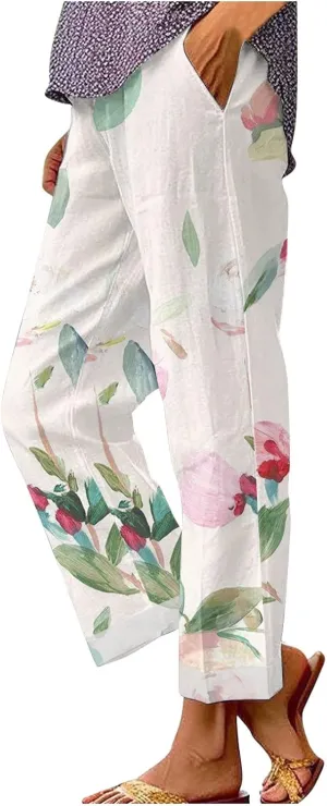 Womens Drawstring Linen Pants Summer Elastic Pants for Women Trendy Pants Work Casual Cropped