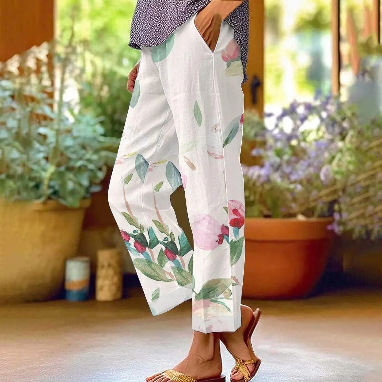 Womens Drawstring Linen Pants Summer Elastic Pants for Women Trendy Pants Work Casual Cropped