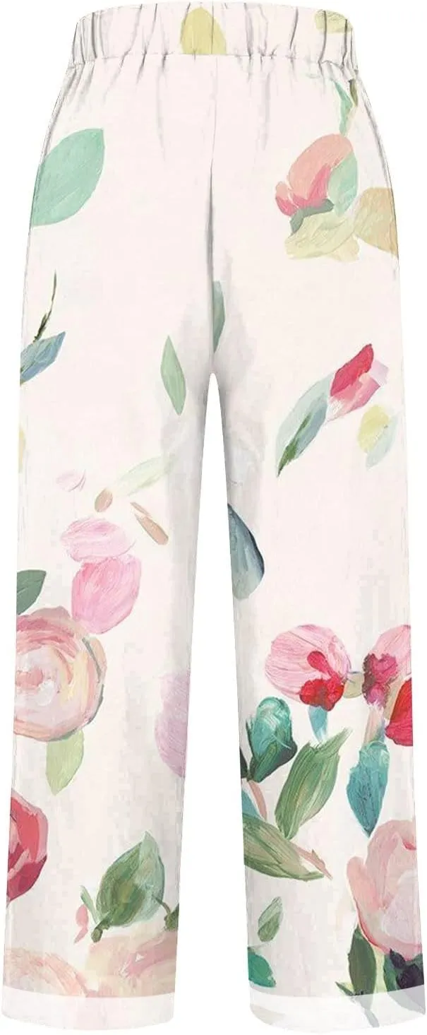 Womens Drawstring Linen Pants Summer Elastic Pants for Women Trendy Pants Work Casual Cropped