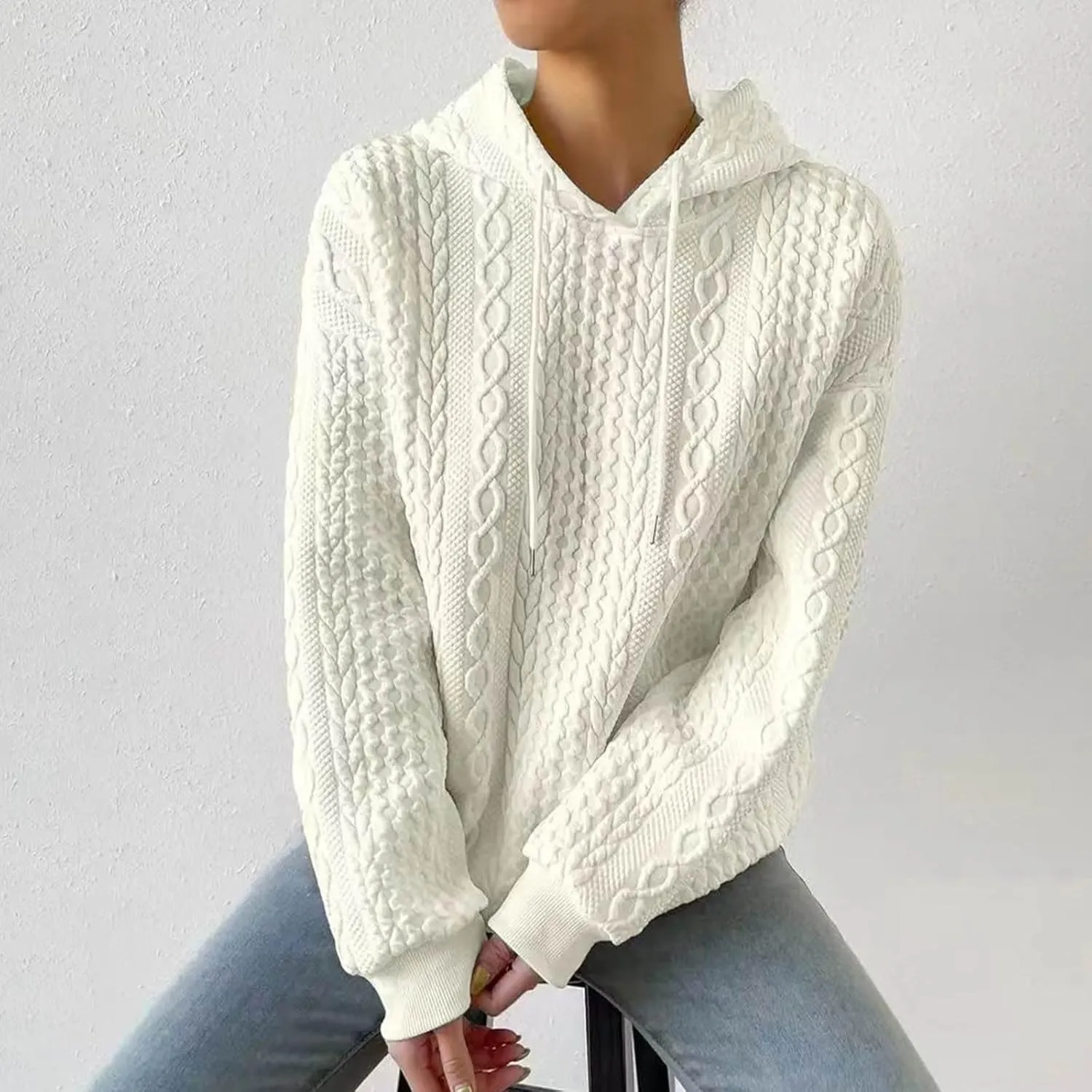 Womens Fashion Fall Sweatshirt Oversized Hoodie Casual Long Sleeve Pullover Knit Hooded Sweatshirts with Pocket S-3XL