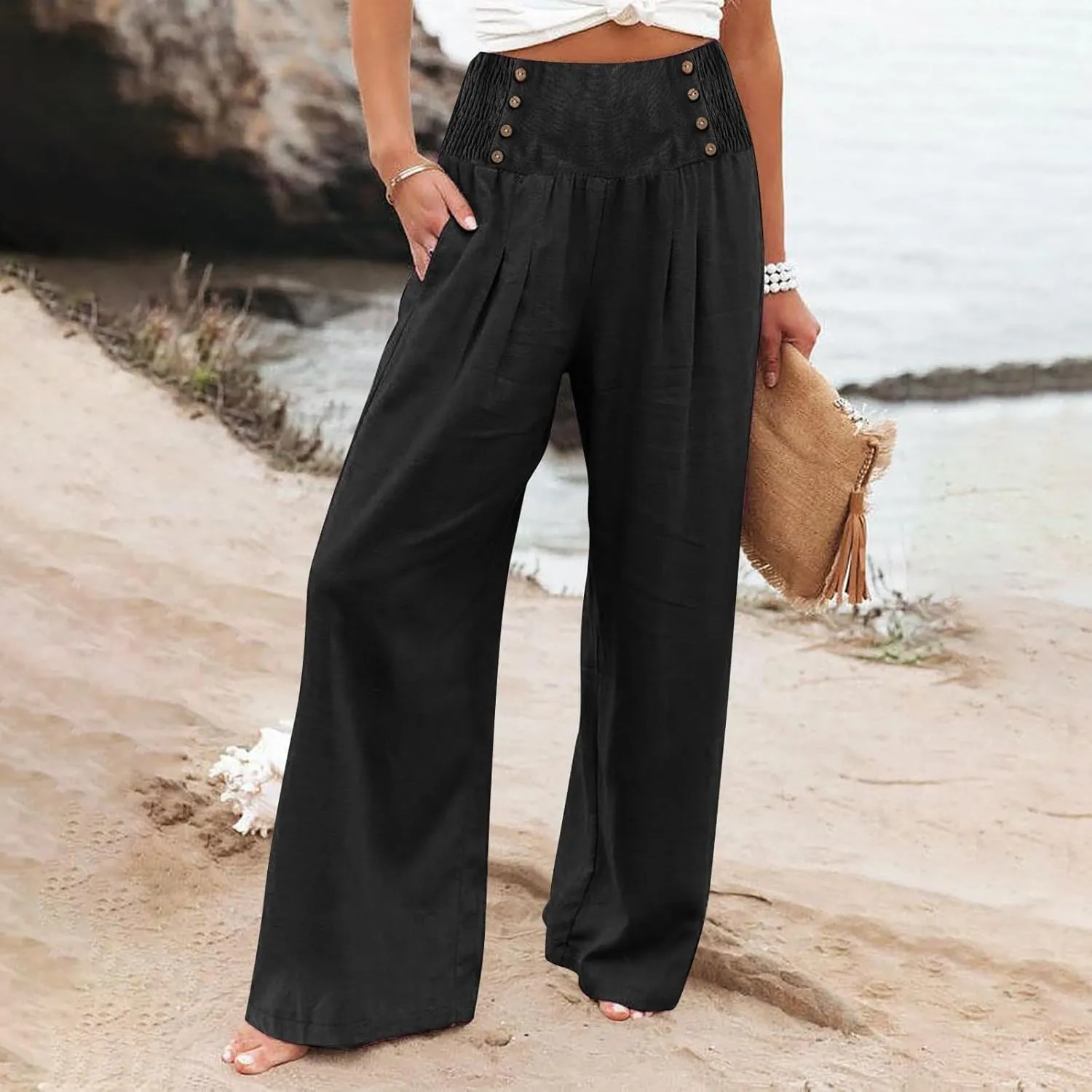 Women's Fashion Loose Casual Floral Printed High Waisted Wide Leg Dressy Loose Fit Pants