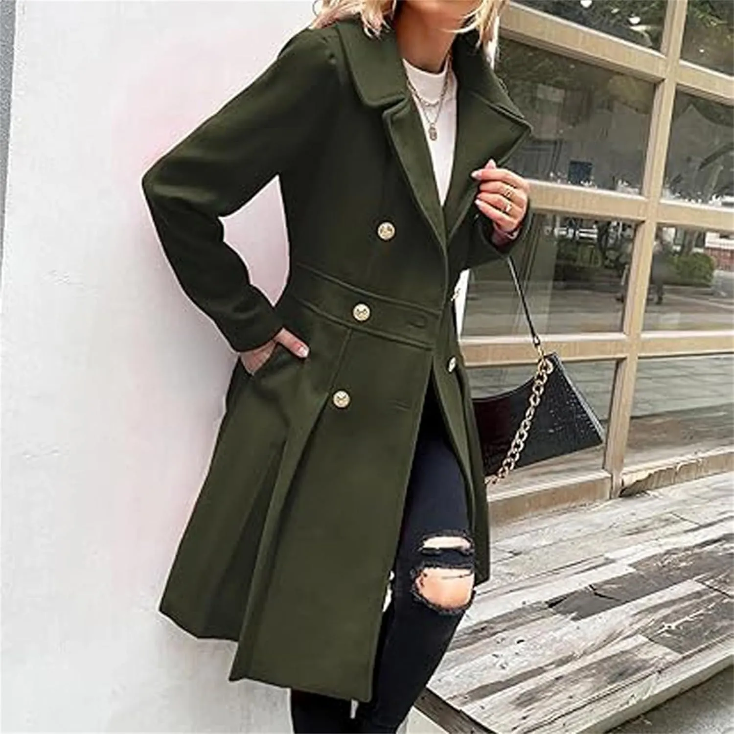 Women's Fashion Trench Coat Notch Lapel Double Breasted Outerwear A Line Trench Winter Pea Coat with Pockets