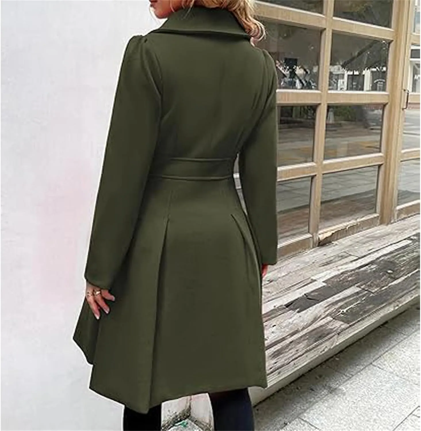 Women's Fashion Trench Coat Notch Lapel Double Breasted Outerwear A Line Trench Winter Pea Coat with Pockets