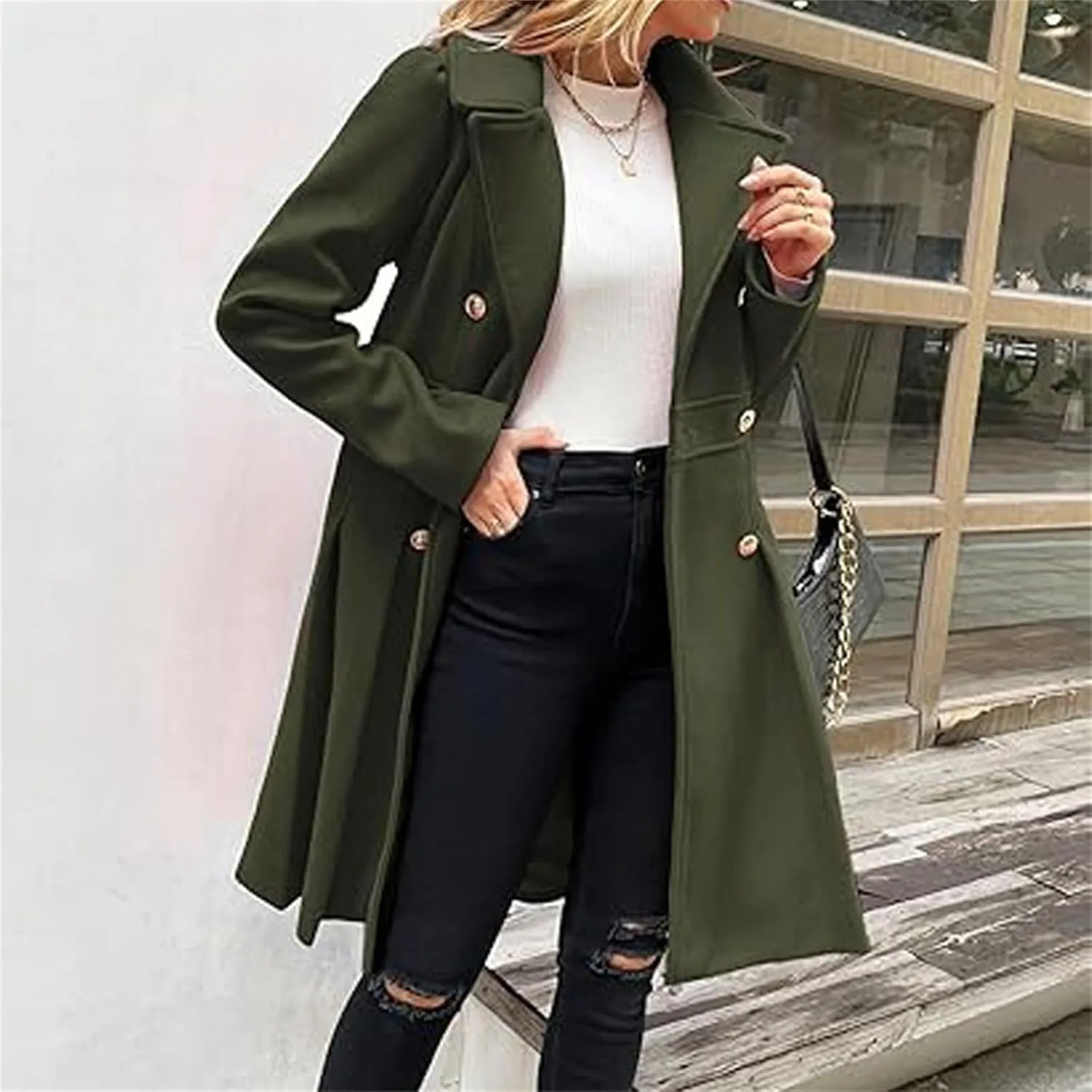 Women's Fashion Trench Coat Notch Lapel Double Breasted Outerwear A Line Trench Winter Pea Coat with Pockets