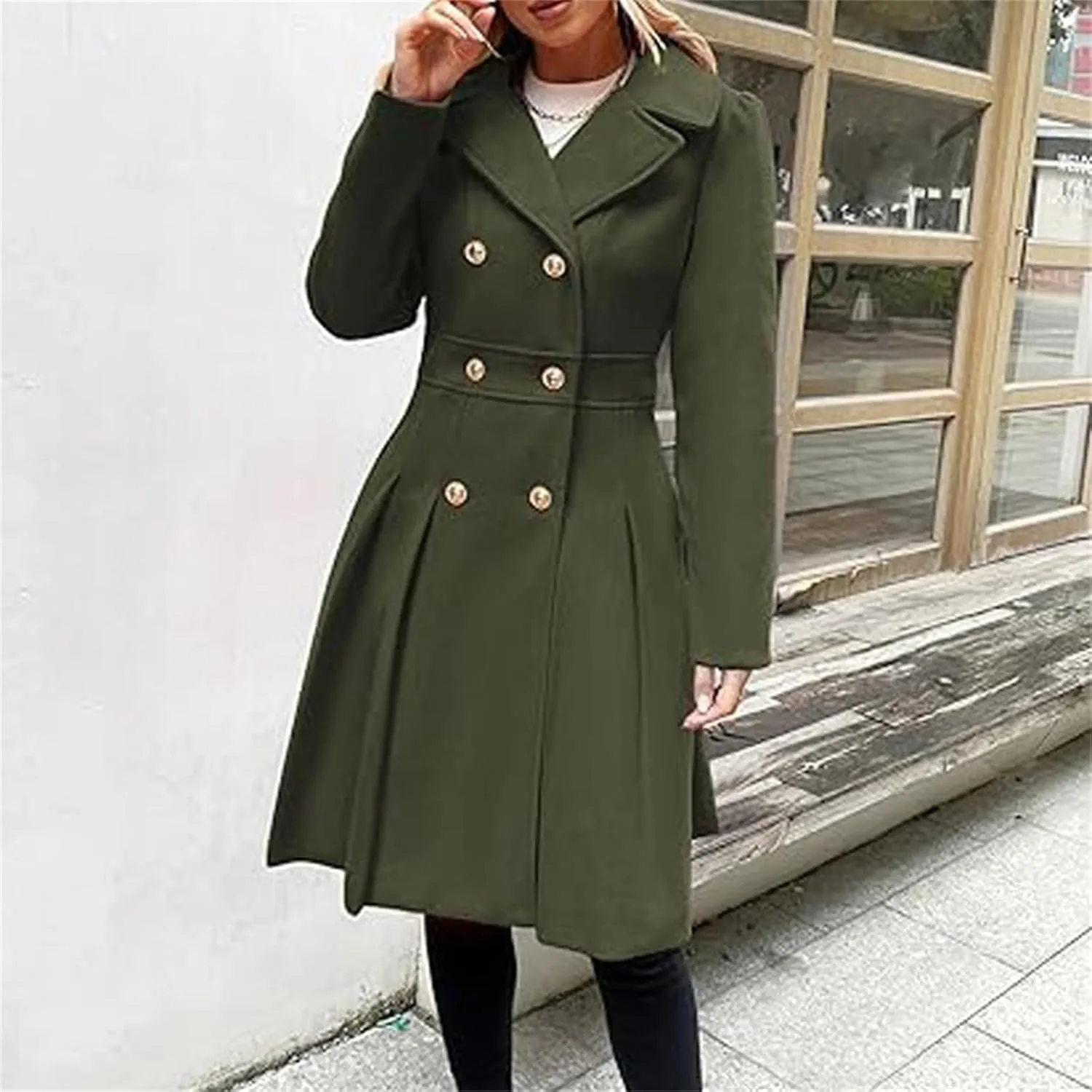 Women's Fashion Trench Coat Notch Lapel Double Breasted Outerwear A Line Trench Winter Pea Coat with Pockets