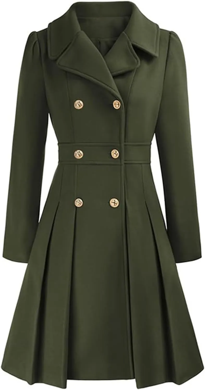 Women's Fashion Trench Coat Notch Lapel Double Breasted Outerwear A Line Trench Winter Pea Coat with Pockets