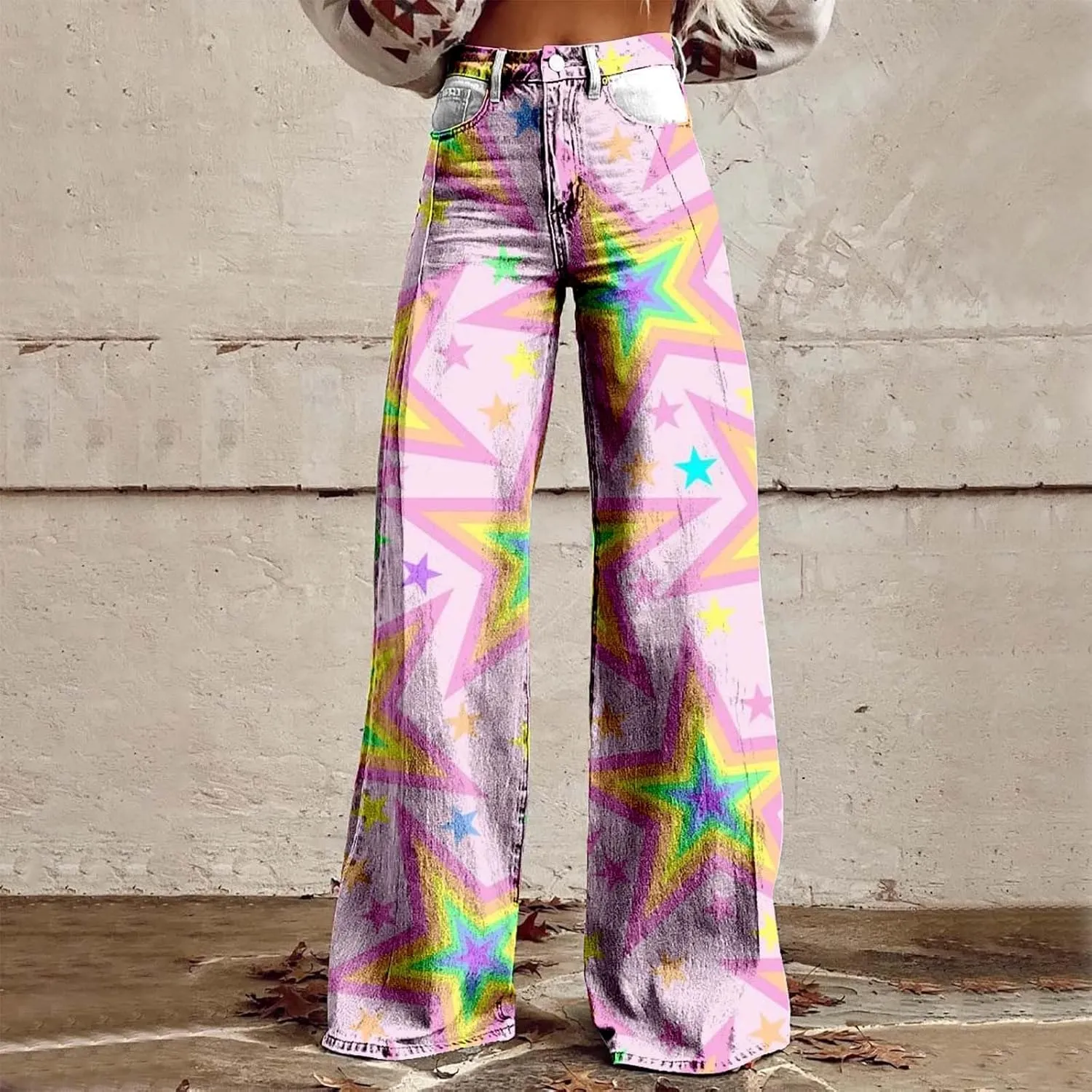 Womens Fashion Trousers Wide Leg High Waist Button Down Loose Cute Printed Long Trousers Going Out Party Stretch Pants