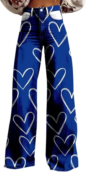 Womens Fashion Trousers Wide Leg High Waist Button Down Loose Cute Printed Long Trousers Going Out Party Stretch Pants