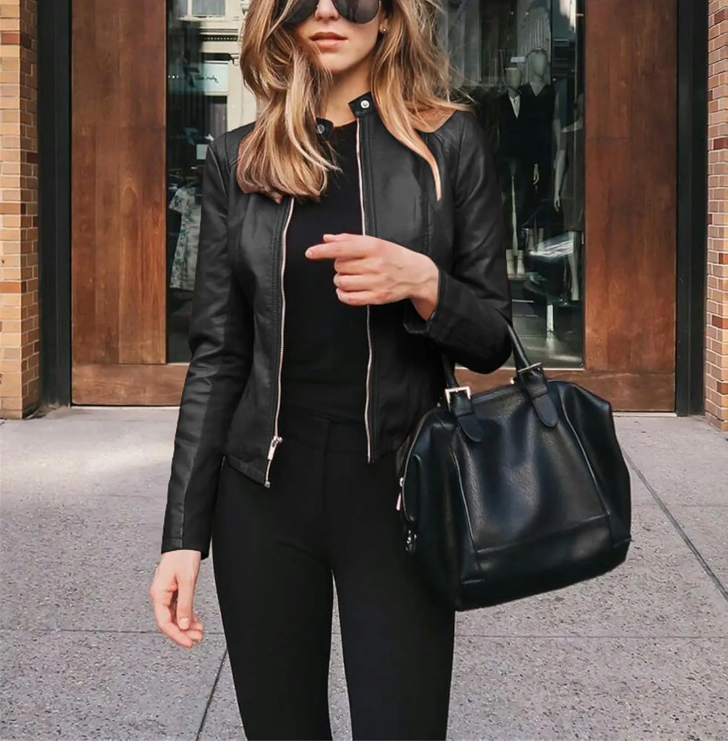 Womens Faux Leather Jacket Zip Up Moto Biker Short Coat Jacket Long Sleeve Motorcycle Bomber Coat Tops Suit Outwear