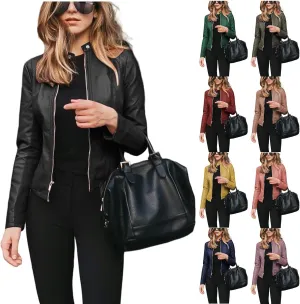 Womens Faux Leather Jacket Zip Up Moto Biker Short Coat Jacket Long Sleeve Motorcycle Bomber Coat Tops Suit Outwear