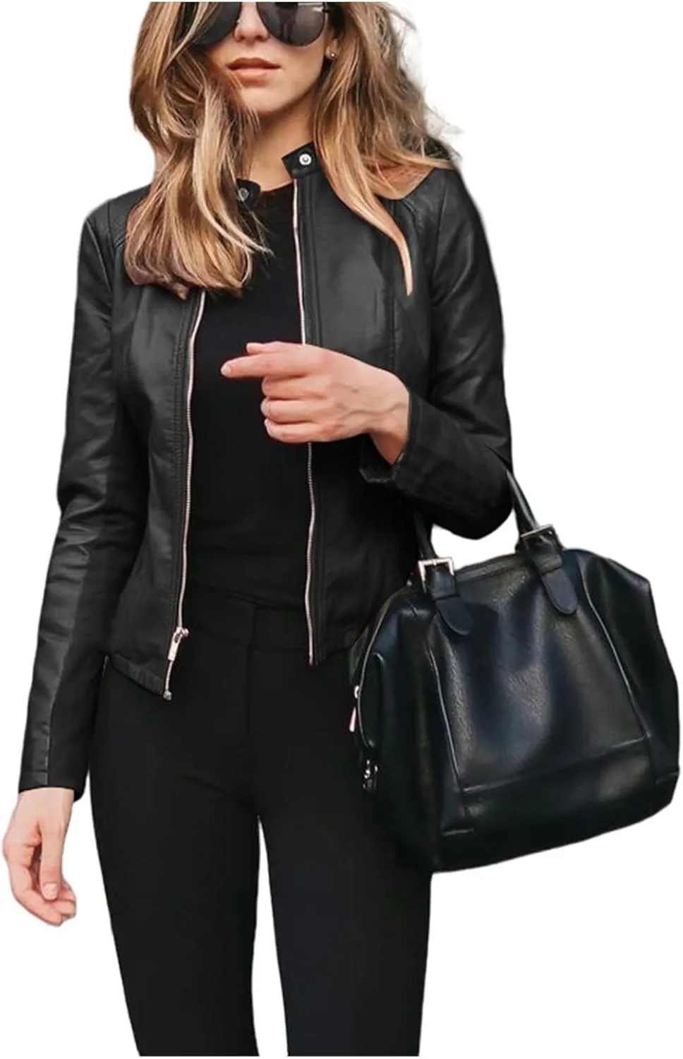 Womens Faux Leather Jacket Zip Up Moto Biker Short Coat Jacket Long Sleeve Motorcycle Bomber Coat Tops Suit Outwear