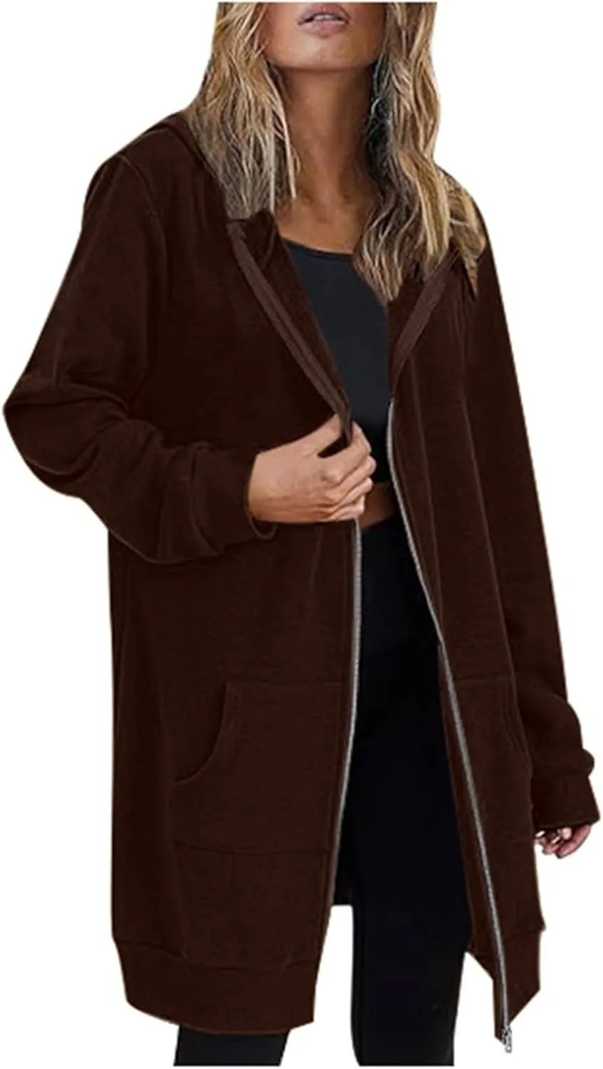 Womens Fleece Zip Up Hoodie Jacket Fall Casual Loose Lightweight Long Sleeve Tunic Hooded Pullover Sweatshirts with Pockets