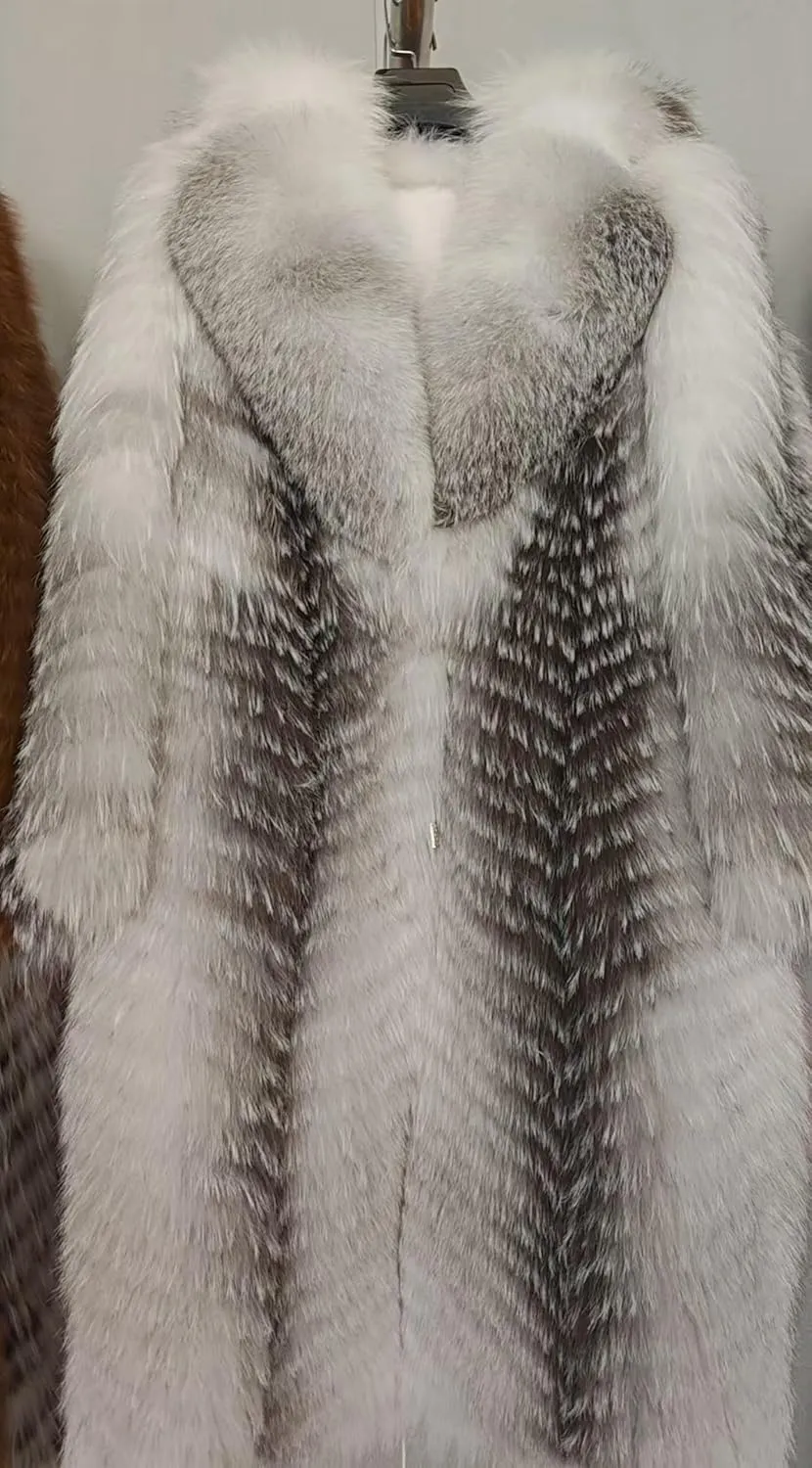 Women's Genuine Fox Fur Jacket Winter Coat Long Fuzzy Outerwear Turn-down Collar