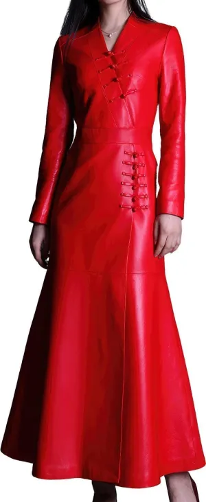 Women's Halloween Red Genuine Leather Western Style Long Trench Coat