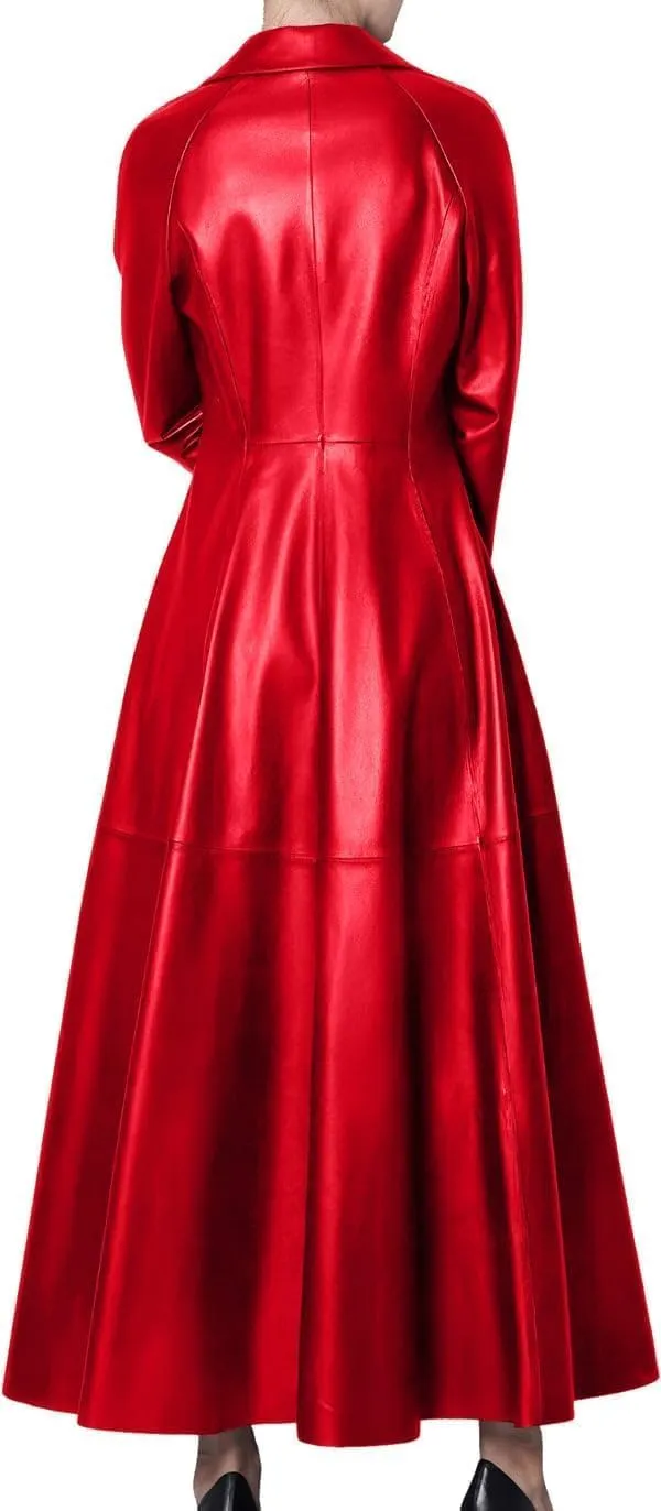 Women's Halloween Red Genuine Leather Western Style Long Trench Coat