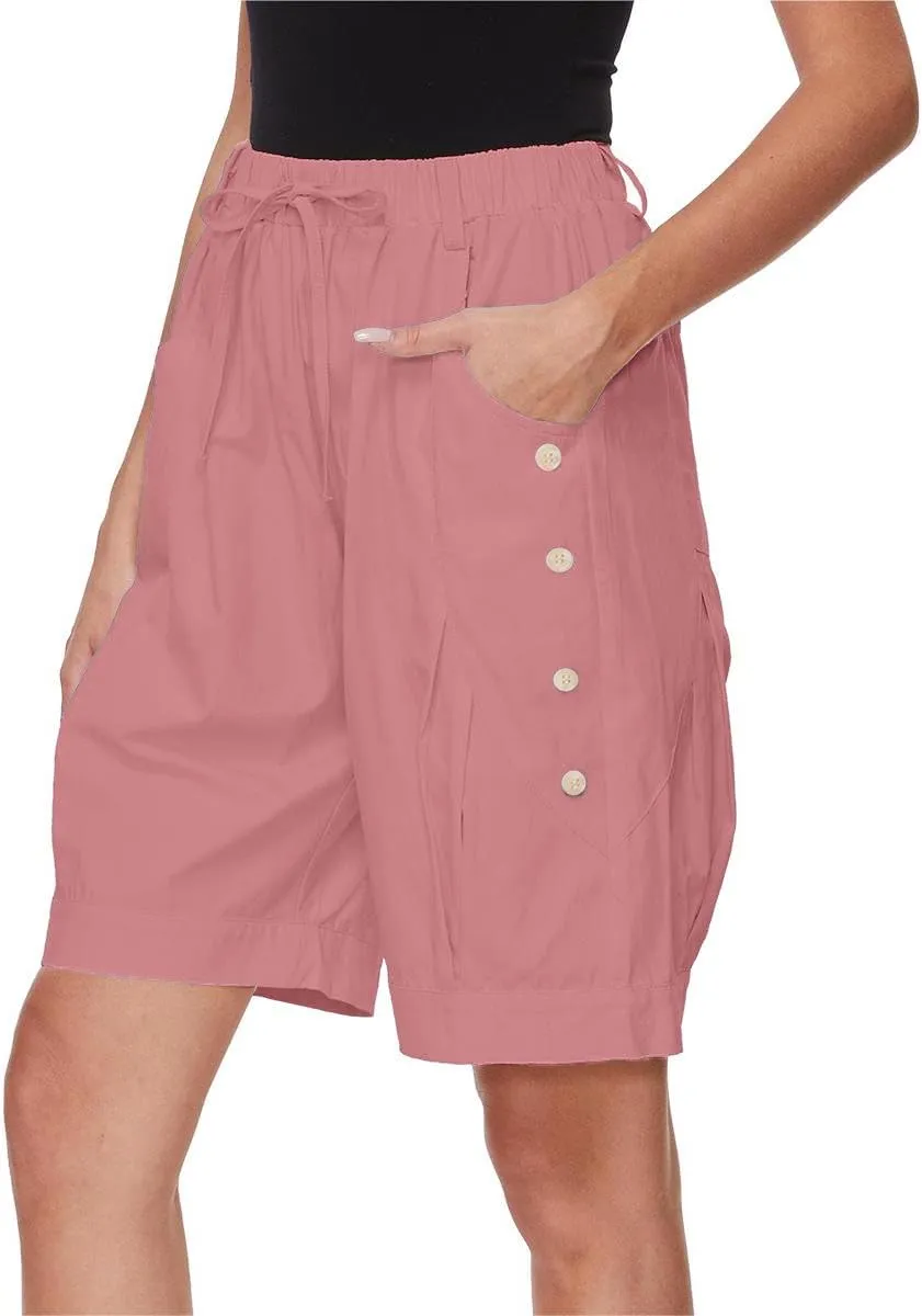 Women's High Waist Bermuda Shorts Loose Drawstring Capri Pants with Pockets Wide Leg Summer Shorts