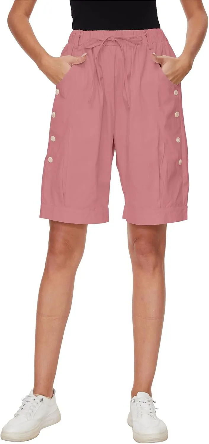 Women's High Waist Bermuda Shorts Loose Drawstring Capri Pants with Pockets Wide Leg Summer Shorts