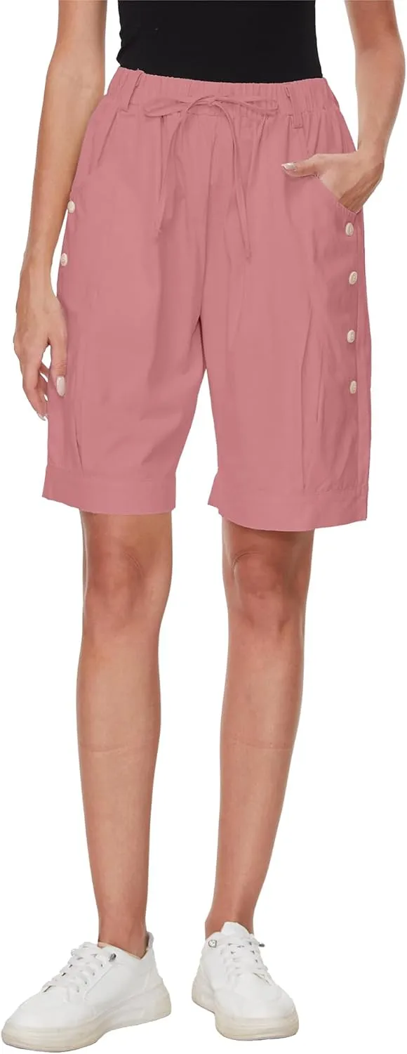 Women's High Waist Bermuda Shorts Loose Drawstring Capri Pants with Pockets Wide Leg Summer Shorts