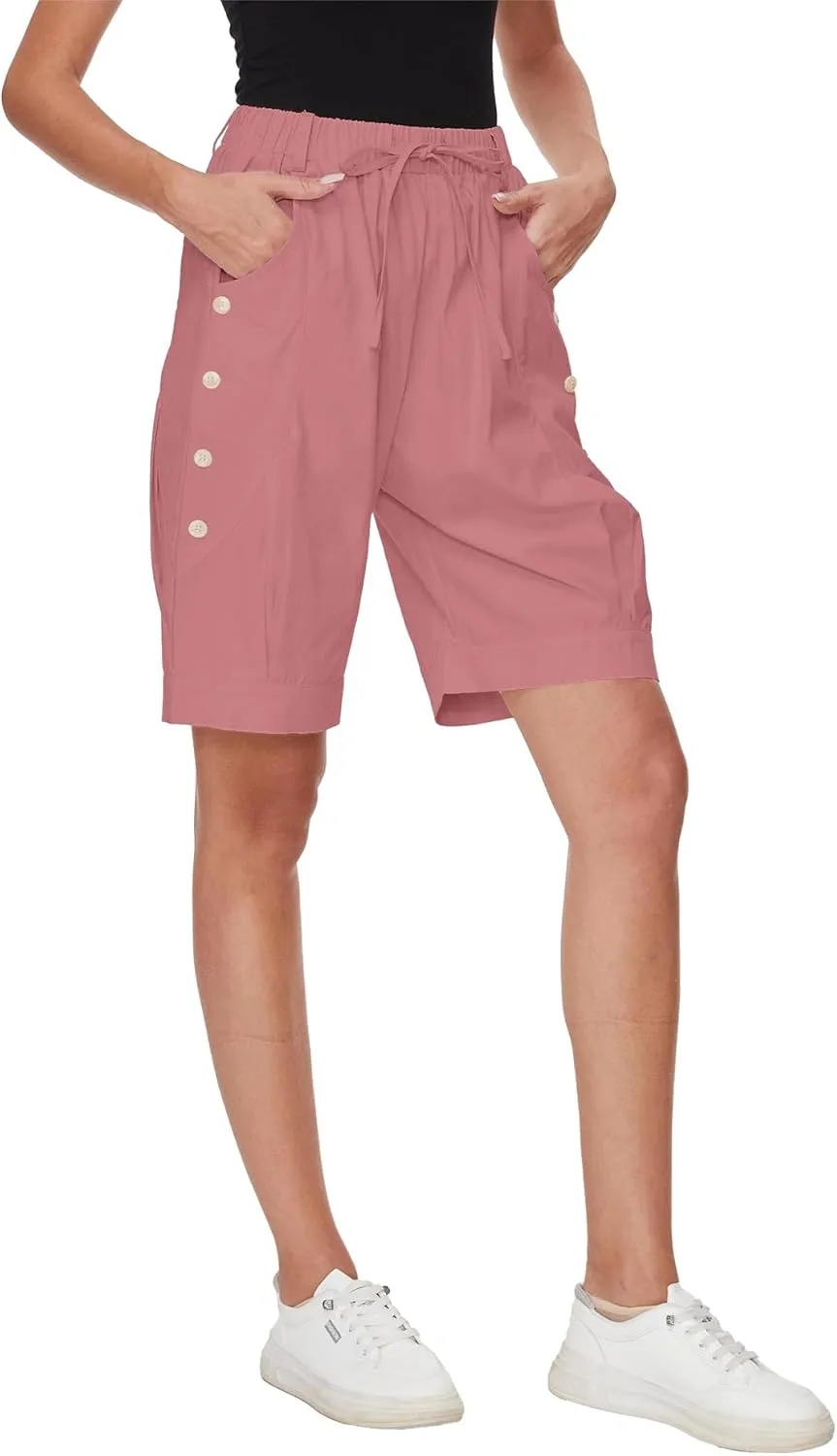 Women's High Waist Bermuda Shorts Loose Drawstring Capri Pants with Pockets Wide Leg Summer Shorts