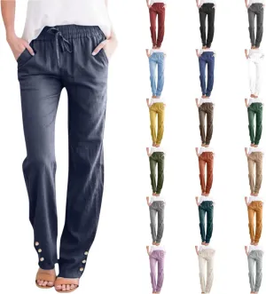 Women's High Waist Linen Pants Summer Elastic Drawstring Casual Trousers with Pocket, Comfy Straight Leg Lounge Pants